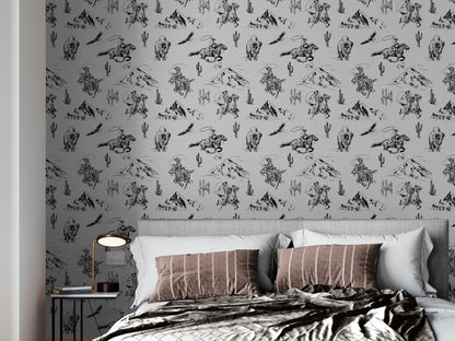 Western Cowboy & Bison, Black and White Peel and Stick Wallpaper