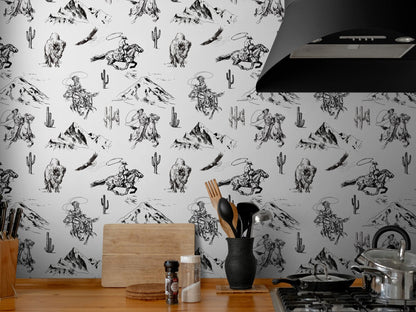 Western Cowboy & Bison, Black and White Peel and Stick Wallpaper