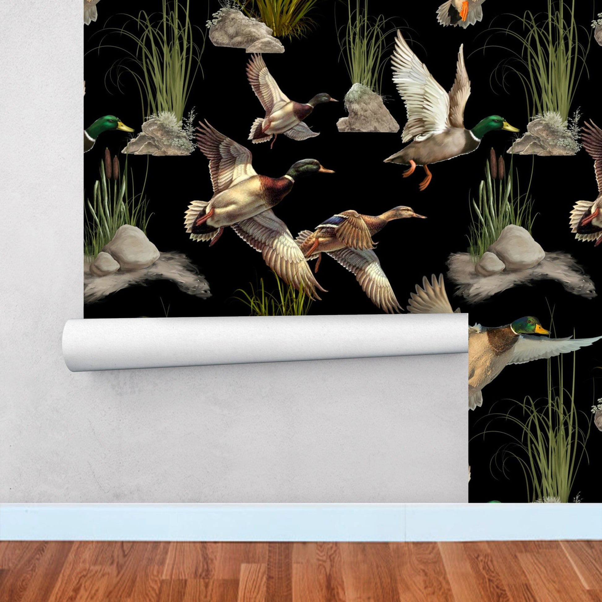 Black Retro Wallpaper with Ducks