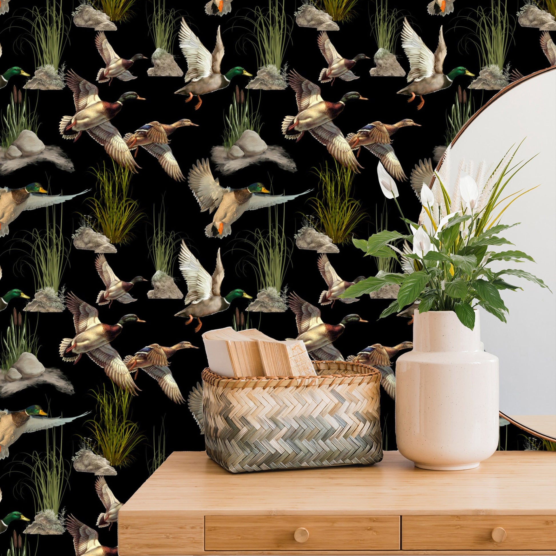 Black Retro Wallpaper with Ducks