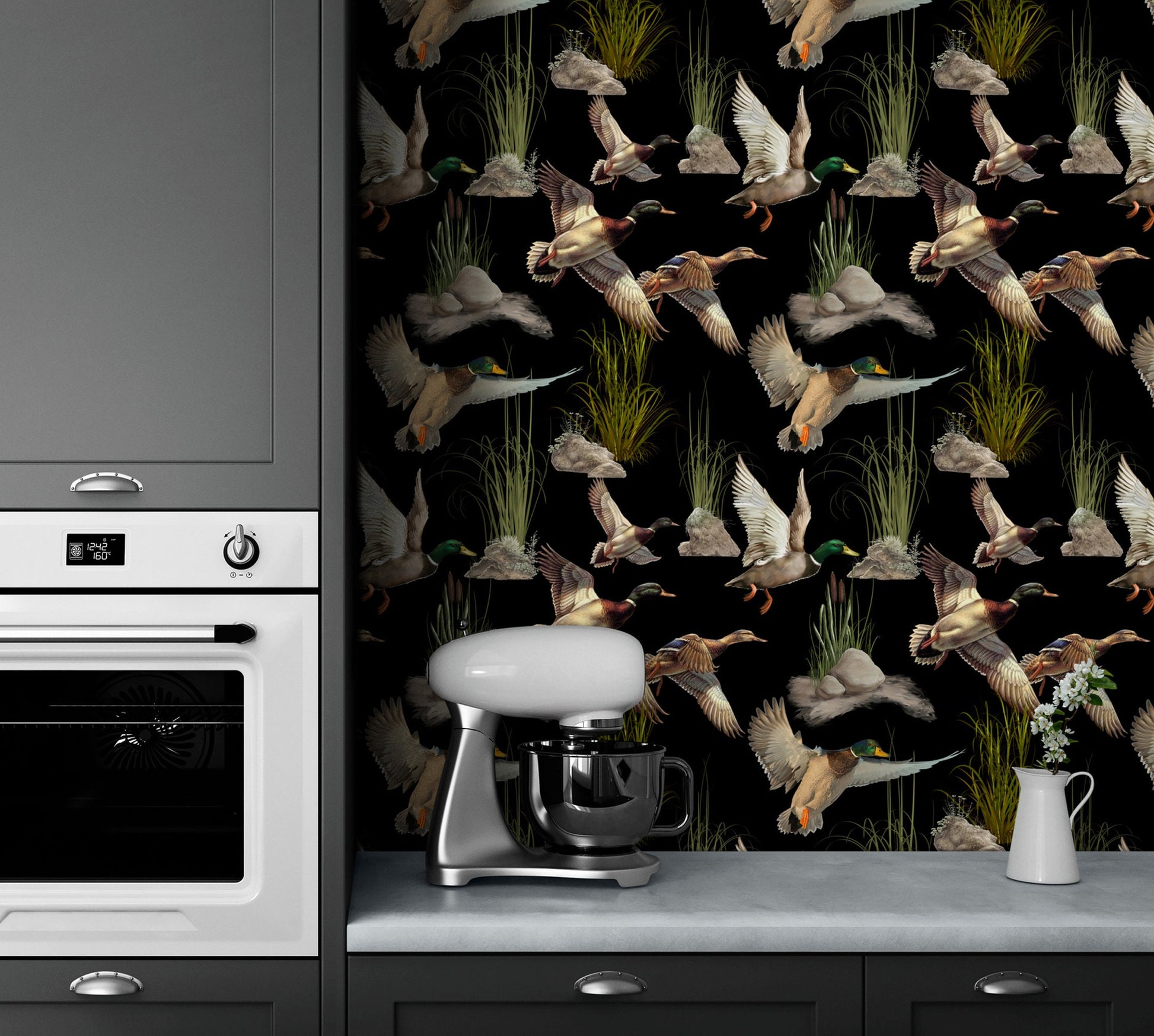 Black Retro Wallpaper with Ducks