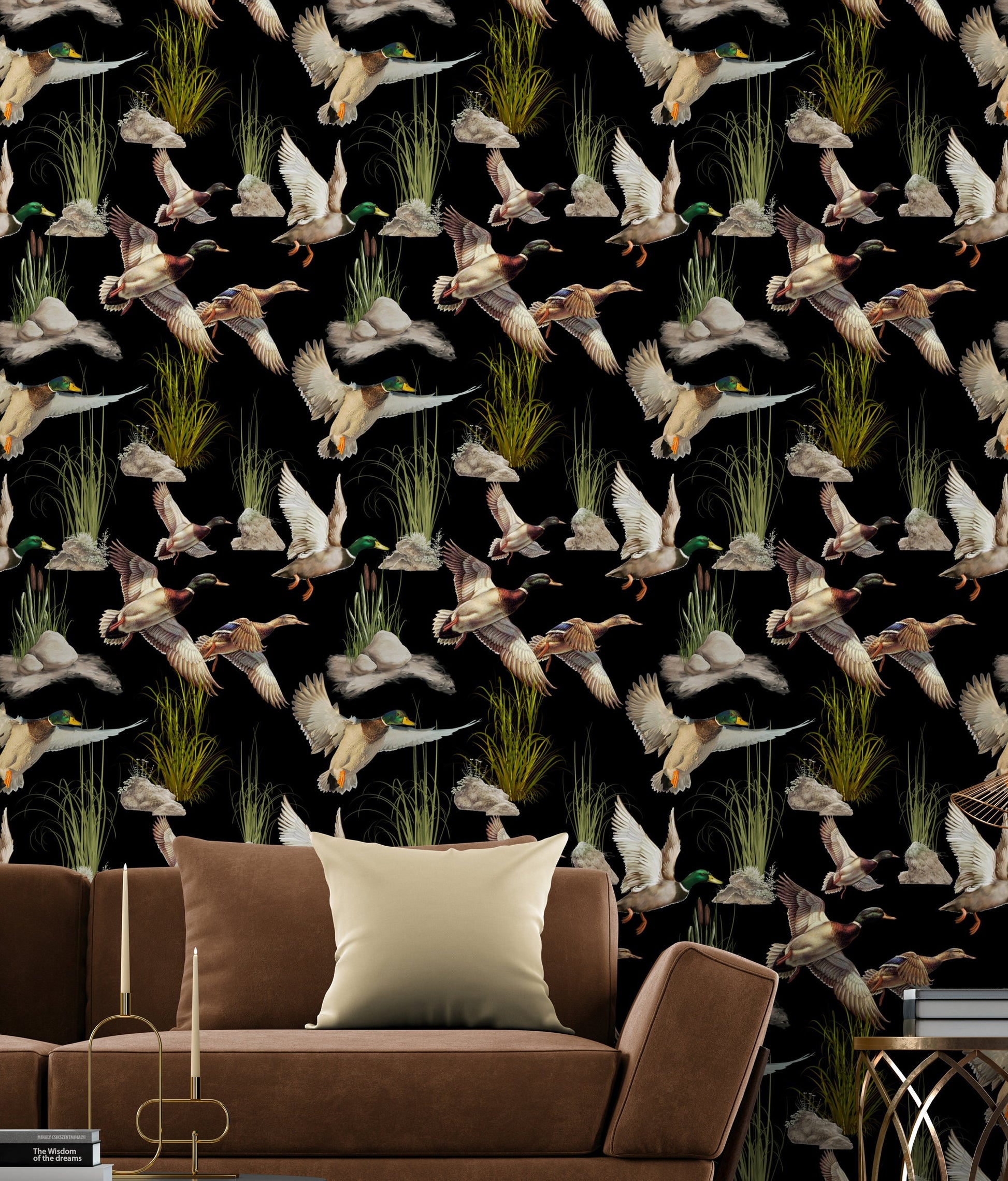 Black Retro Wallpaper with Ducks