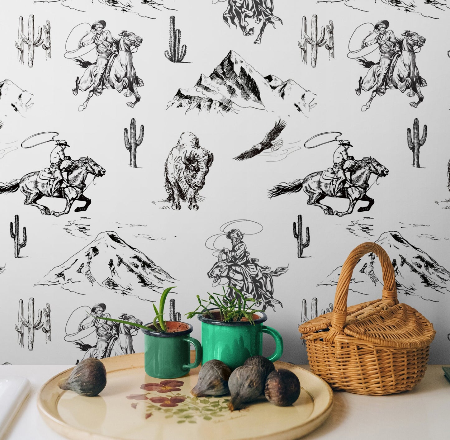 Bison and Cowboy Traditional Wallpaper