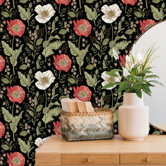 Dark Botanical Wallpaper with Red Flowers