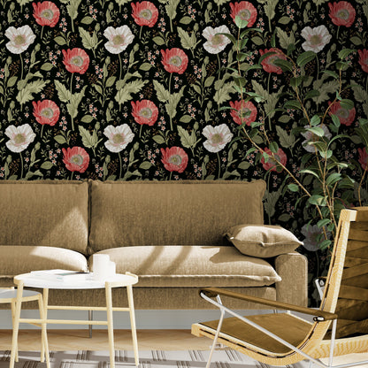 Dark Botanical Wallpaper with Red Flowers