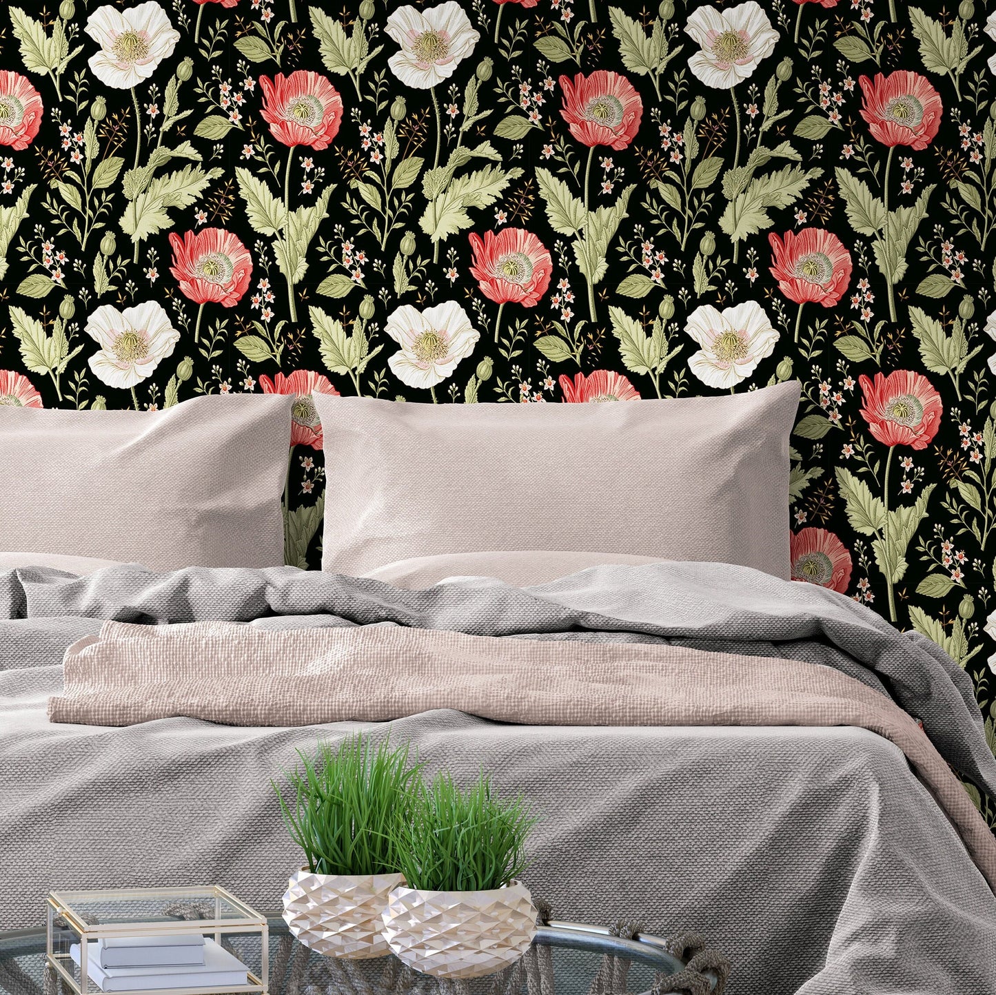 Dark Botanical Wallpaper with Red Flowers