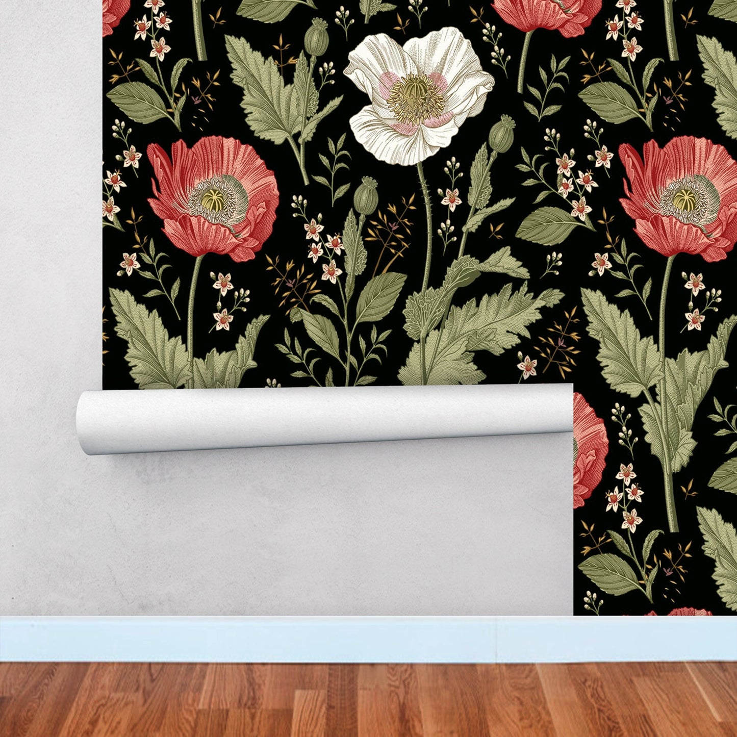 Dark Botanical Wallpaper with Red Flowers