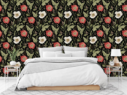 Dark Botanical Wallpaper with Red Flowers