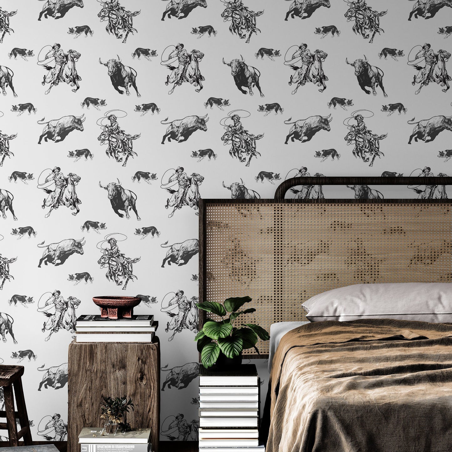 Removable Wallpaper with Cowboy and Bull