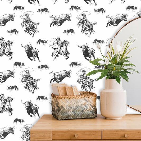 Removable Wallpaper with Cowboy and Bull