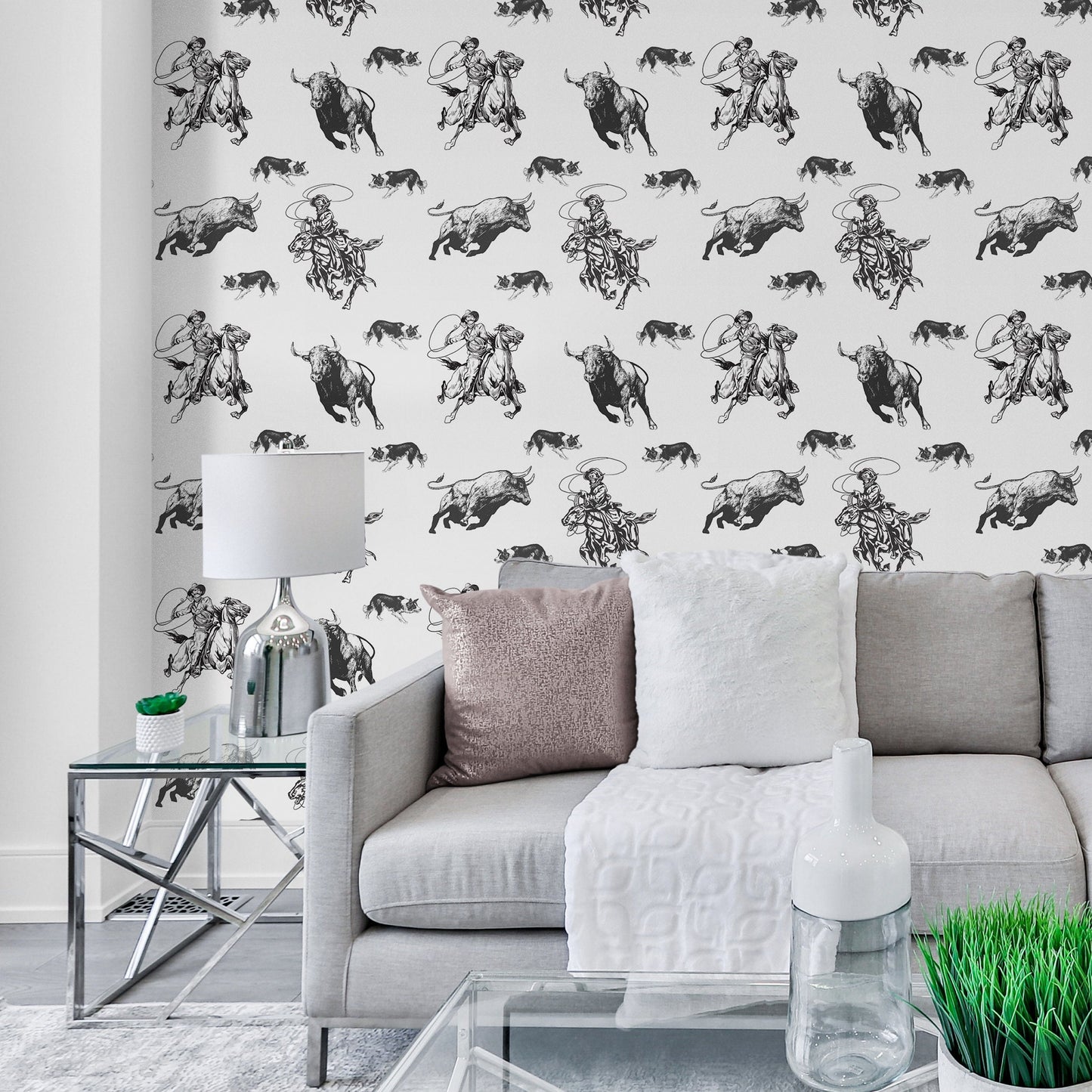 Removable Wallpaper with Cowboy and Bull