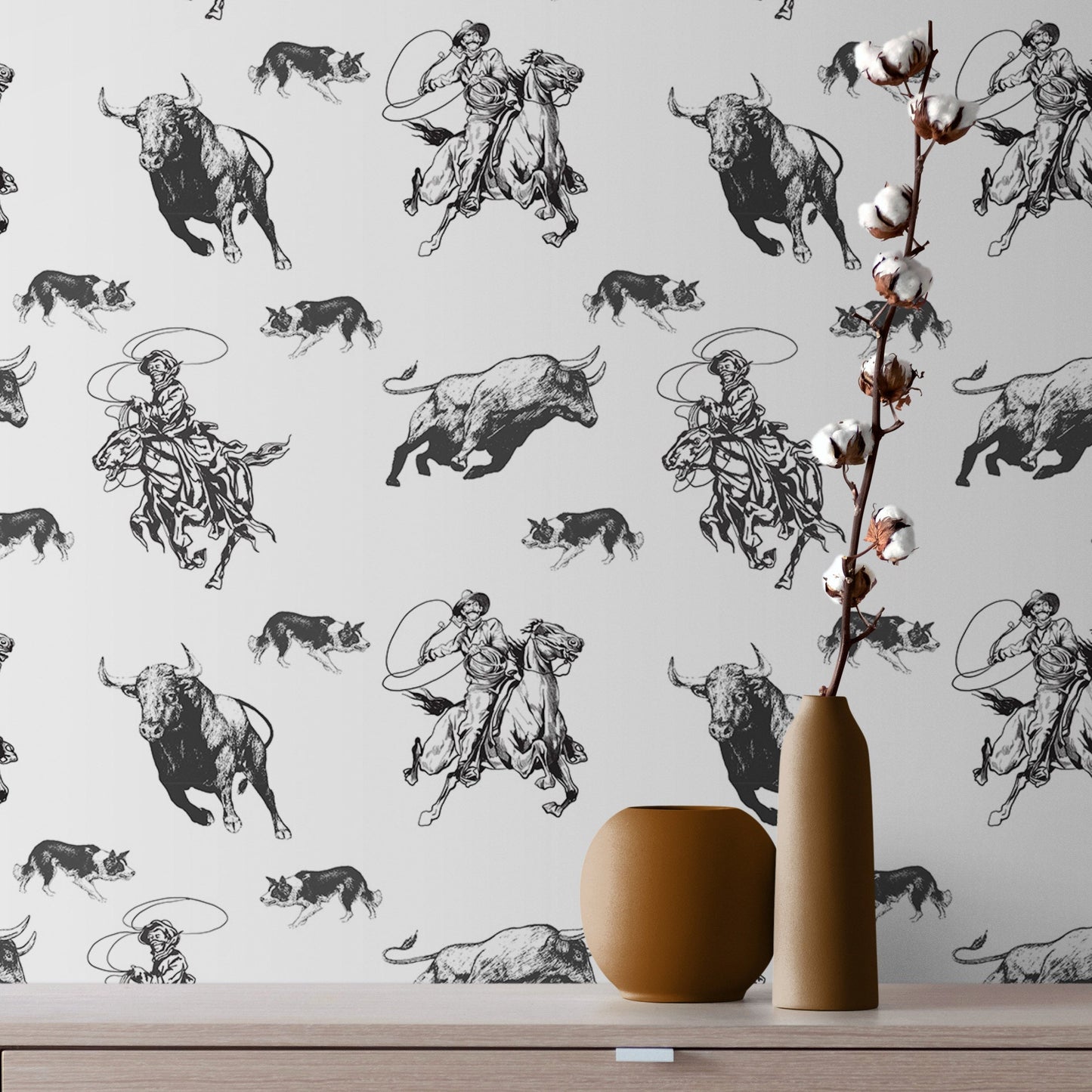 Removable Wallpaper with Cowboy and Bull